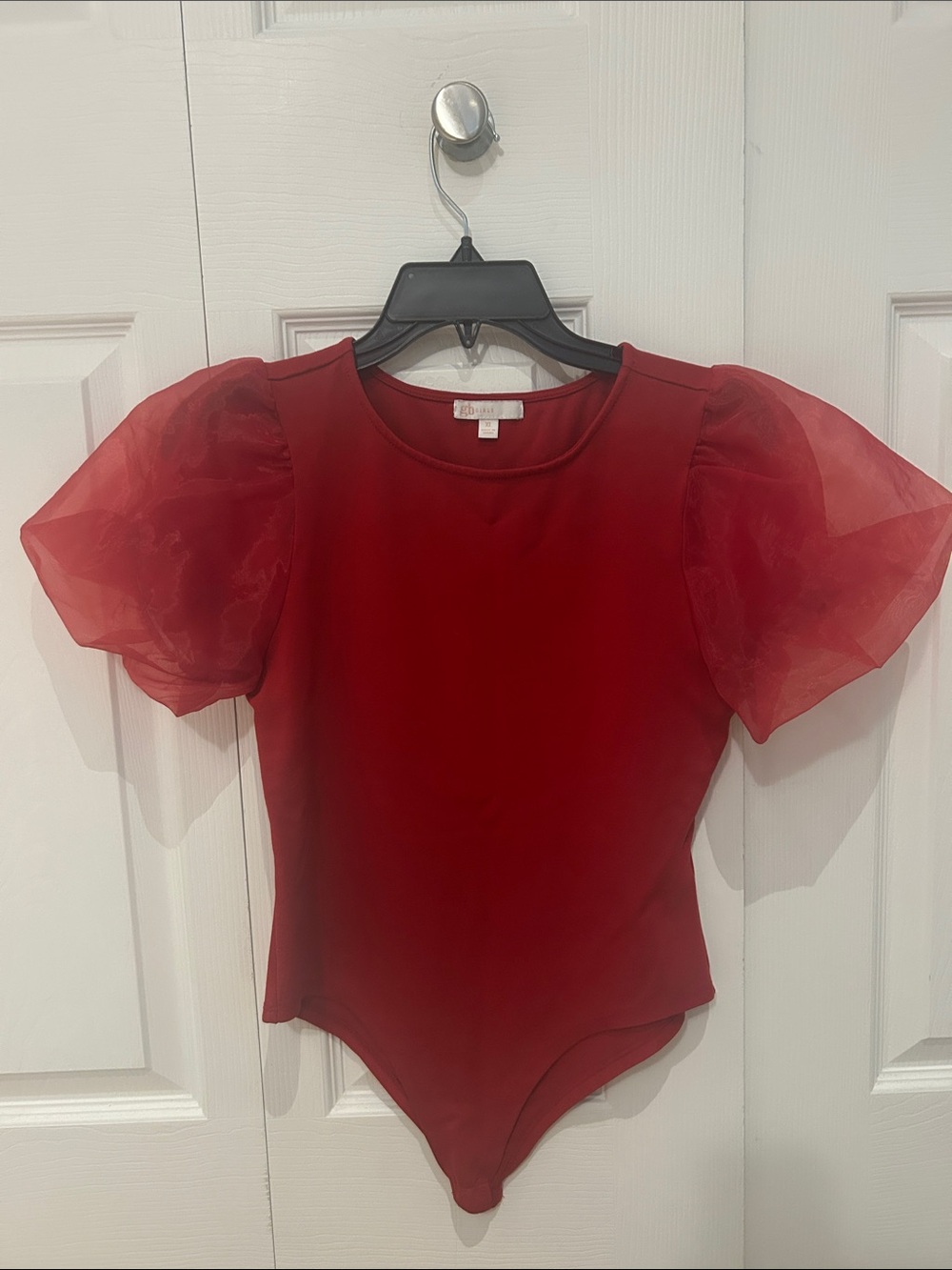 GB girls Red Puff-Sleeve Bodysuit with Sheer Organza Sleeves